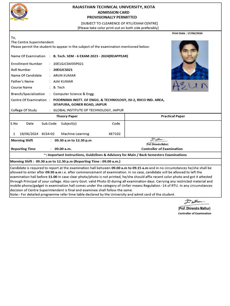 RTU B.Tech SEM-6 Exam Admission Card | PDF