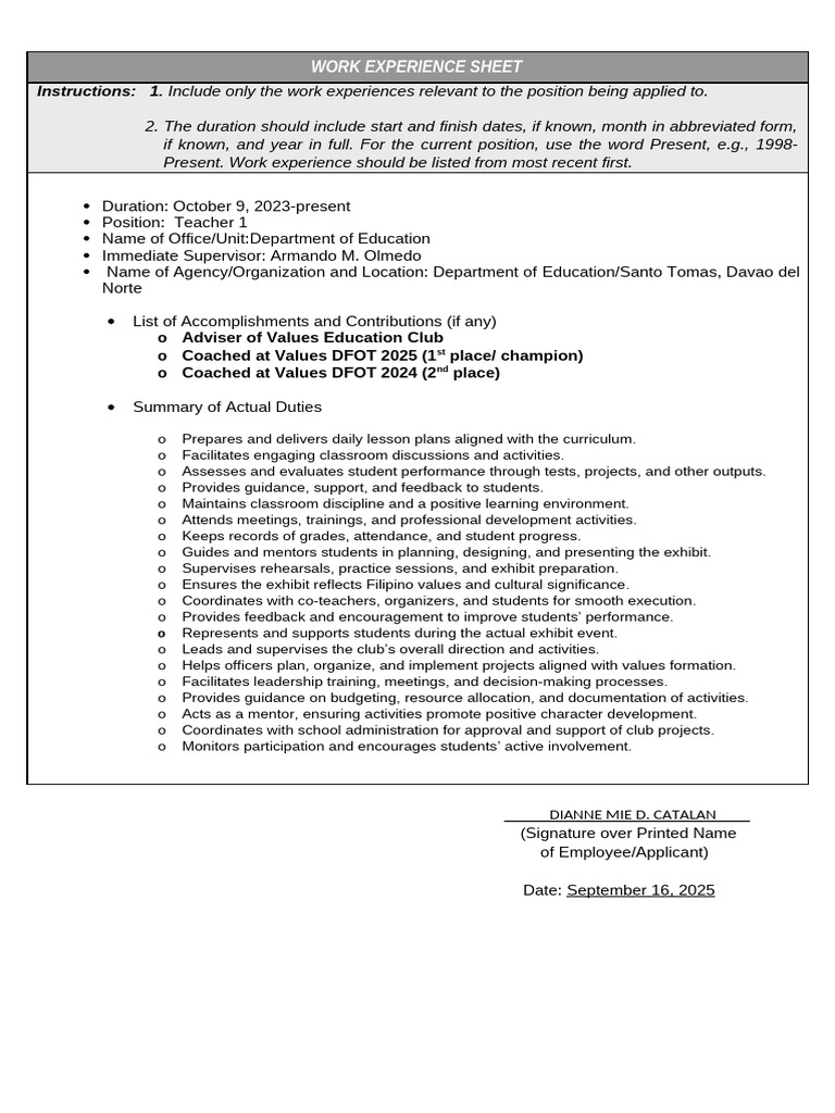 Teacher Work Experience Summary | PDF | Mentorship | Behavior Modification