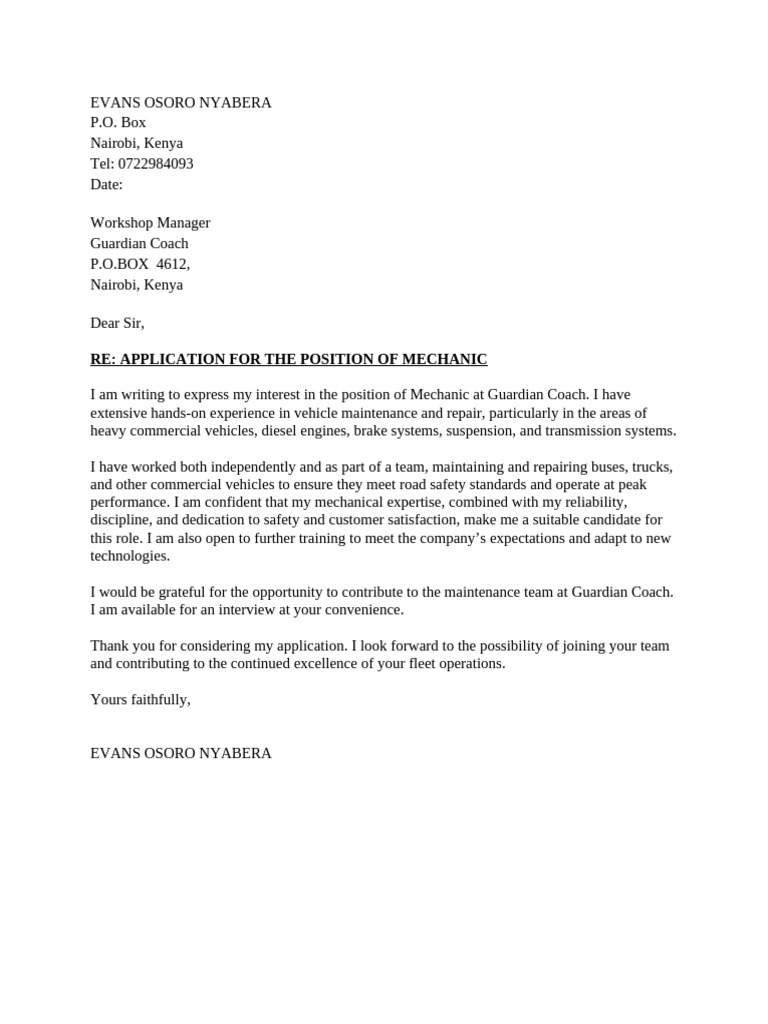 Mechanic Job Application by Evans Nyabera | PDF