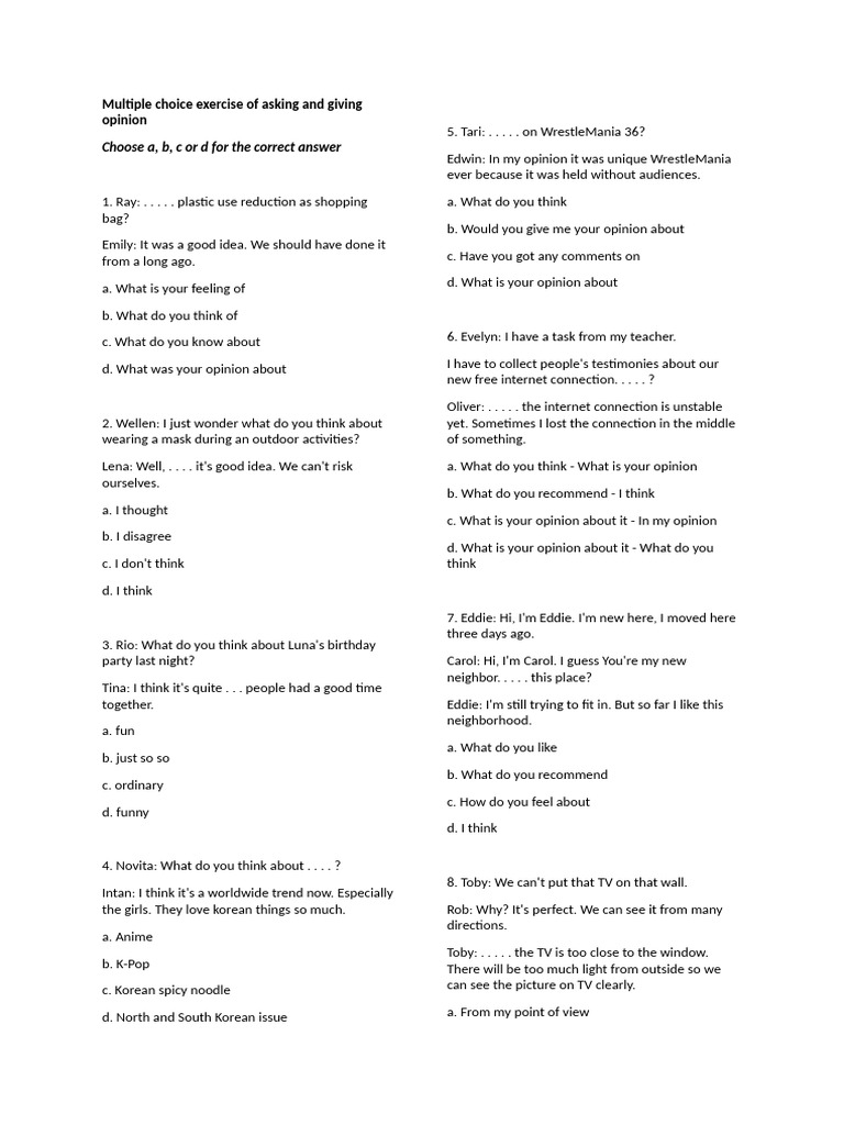 Opinion-Giving Multiple Choice Exercises | PDF