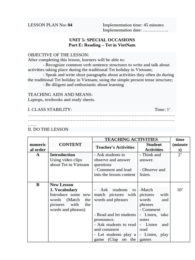 Tet Holiday Lesson Plan for Students | PDF | Vocabulary
