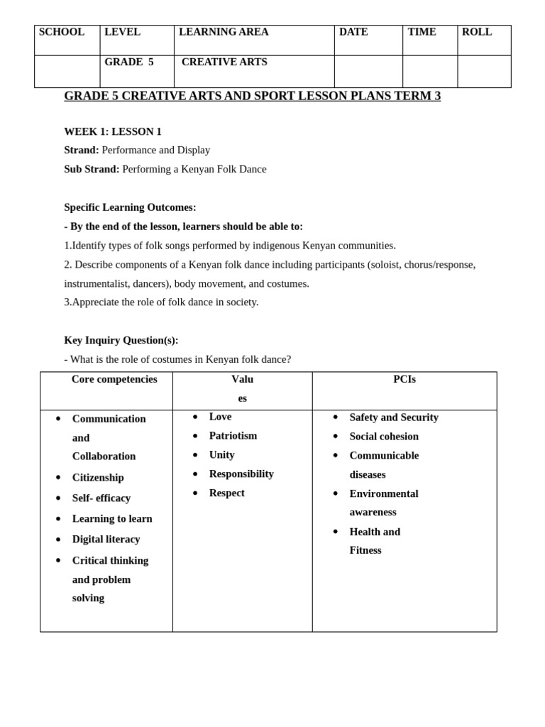 Grade 5 Term 3 Creative Lesson Plans | PDF | Dances | Learning