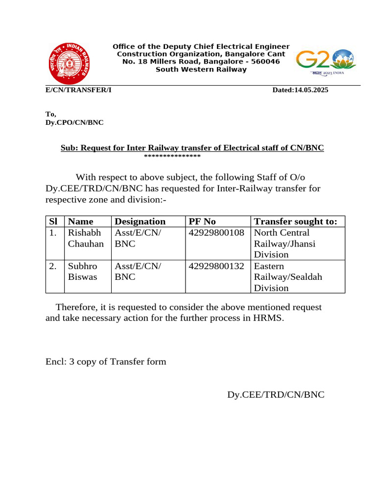 Inter-Railway Transfer Request for Staff | PDF