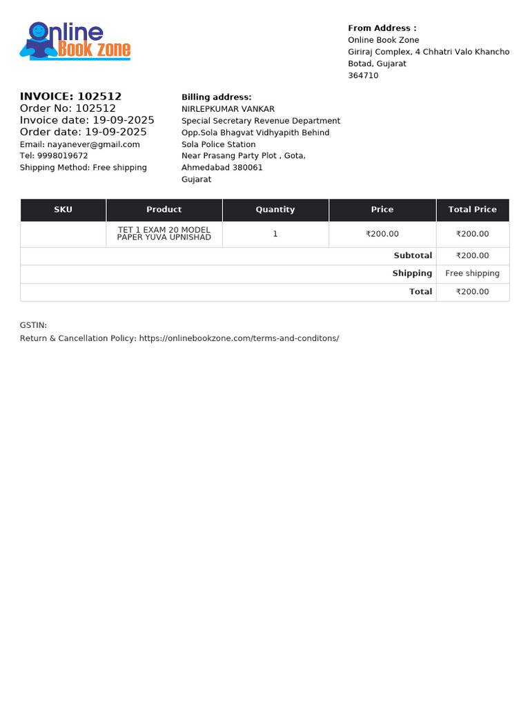 Invoice for TET 1 Exam Model Paper | PDF