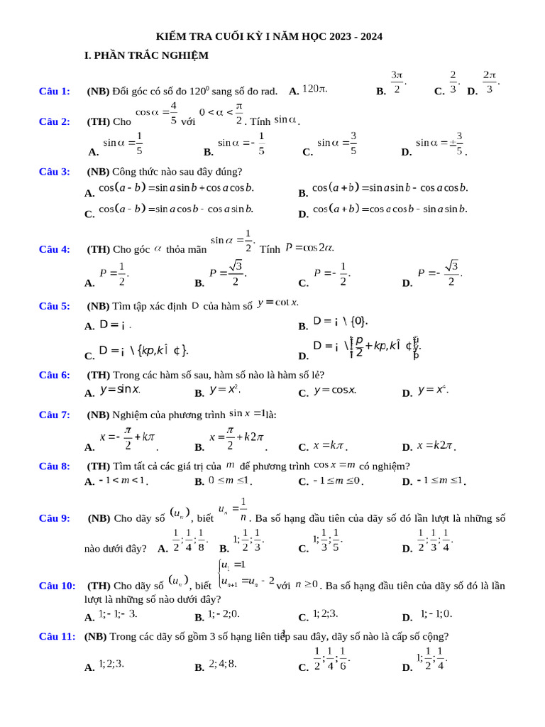 CUOI KI 1 - TOAN 11 KNTT, Ko, Nhà | PDF