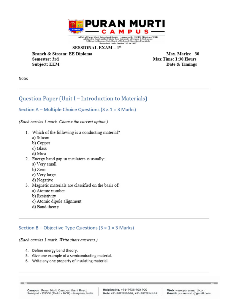 EEM Diploma Exam Question Paper | PDF
