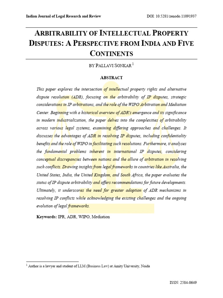 Arbitrability of IP Disputes in India | PDF | Alternative Dispute ...