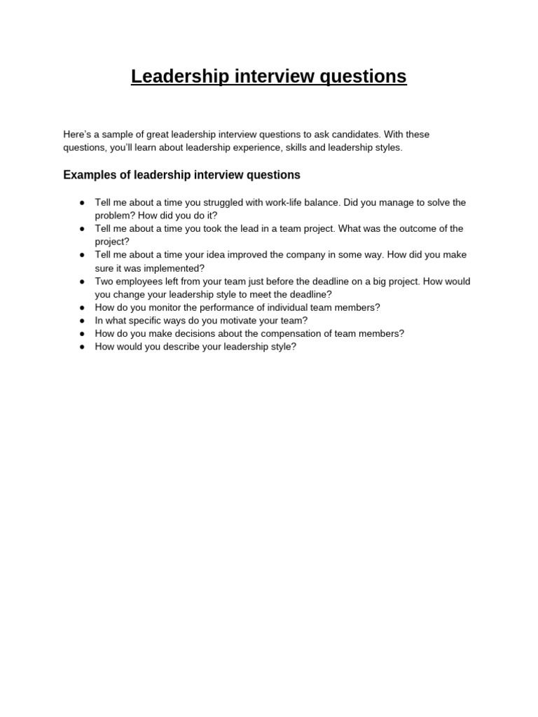 Essential Leadership Interview Questions | PDF