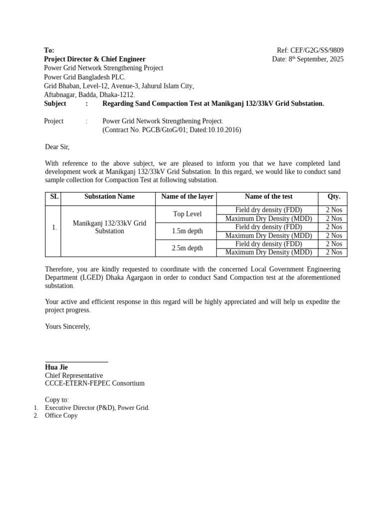 Sand Compaction Test Request for Manikganj Substation | PDF