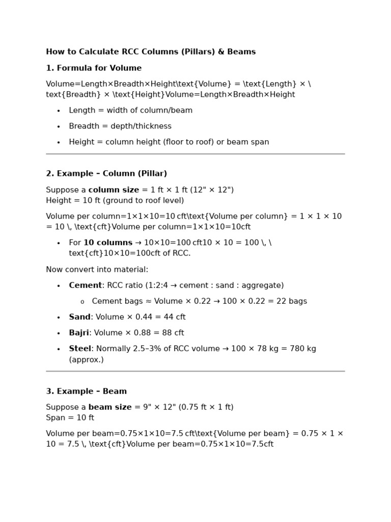 RCC Column and Beam Volume Calculation | PDF