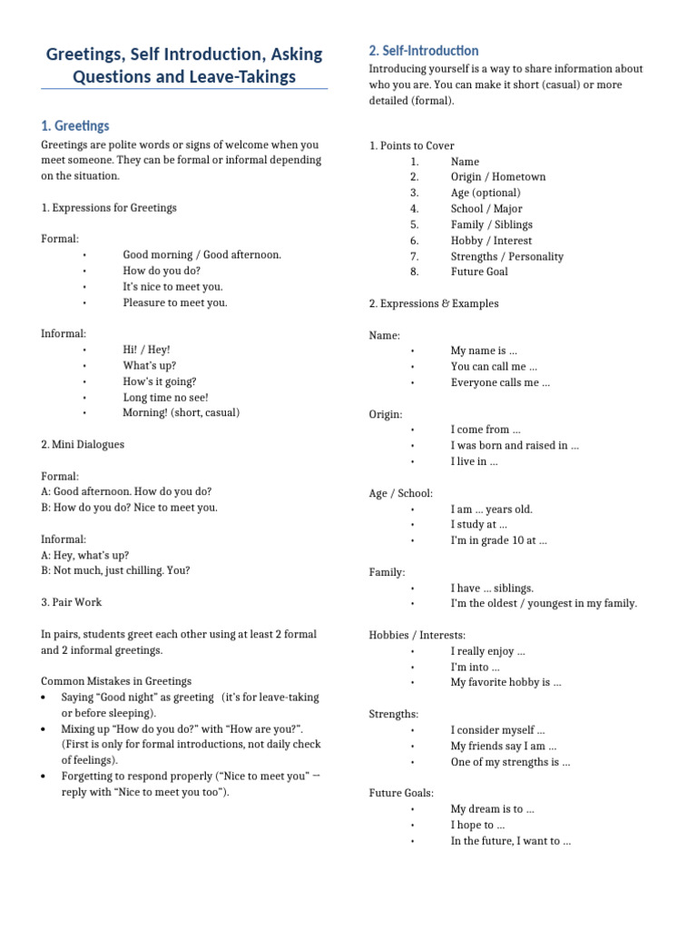 Greetings, Self Introduction, Asking Questions and Leave Takings | PDF