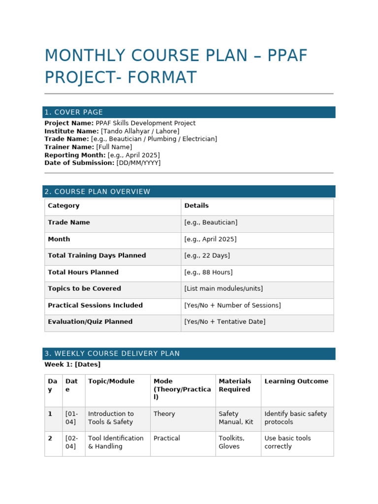 Monthly Course Plan for PPAF Skills | PDF | Learning