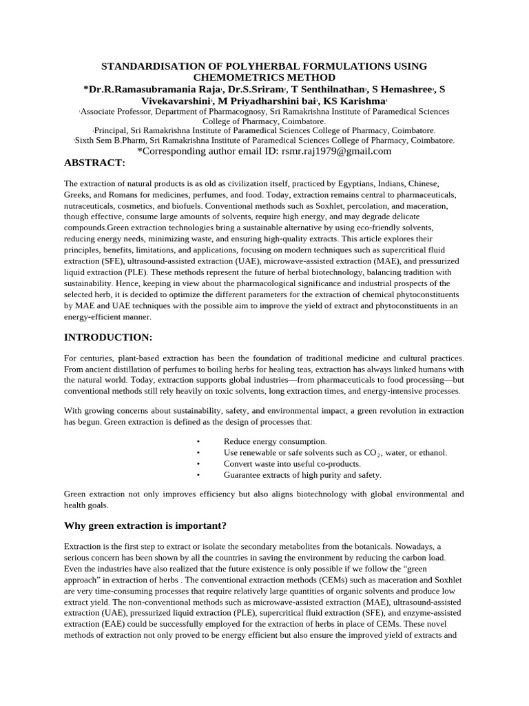Green Extraction Techniques for Herbal Formulations | PDF ...
