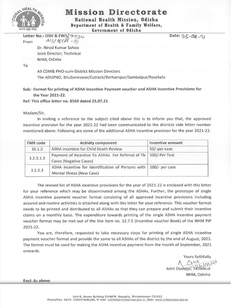 Format For Printing of ASHA Incentive Voucher and Incentive Provision | PDF