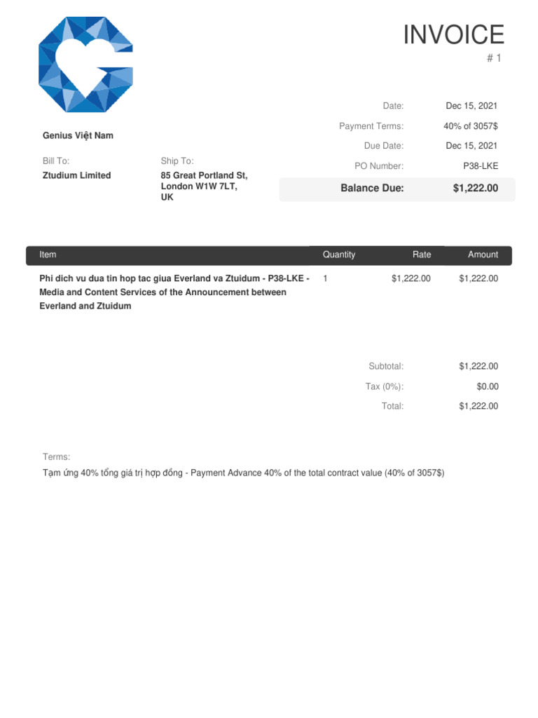 Invoice for Media Services - Ztudium | PDF