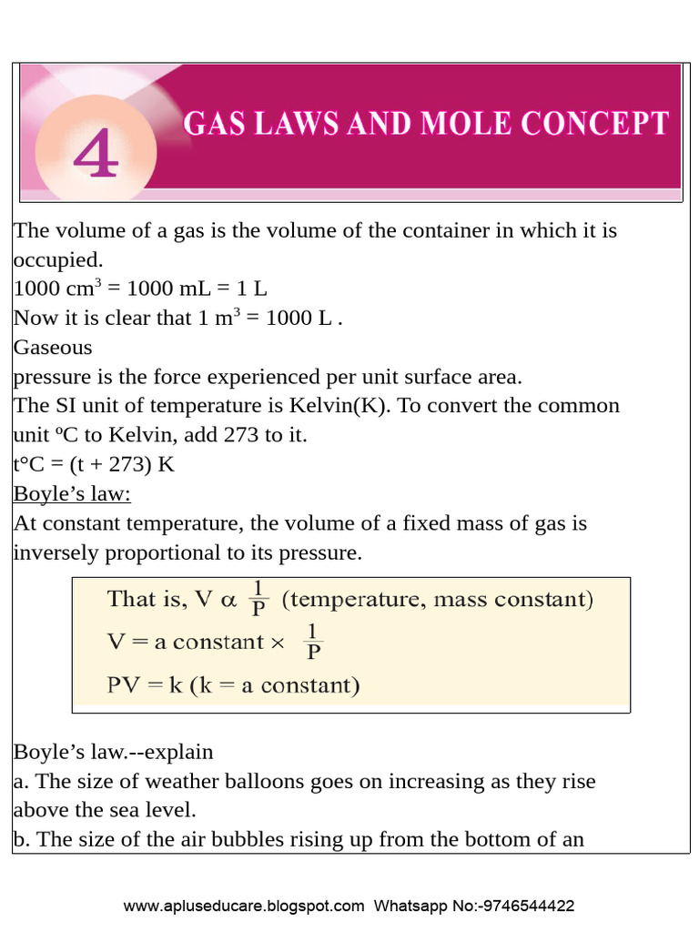 Class 10 Gas Laws and Mole Concept | PDF | Gases | Temperature