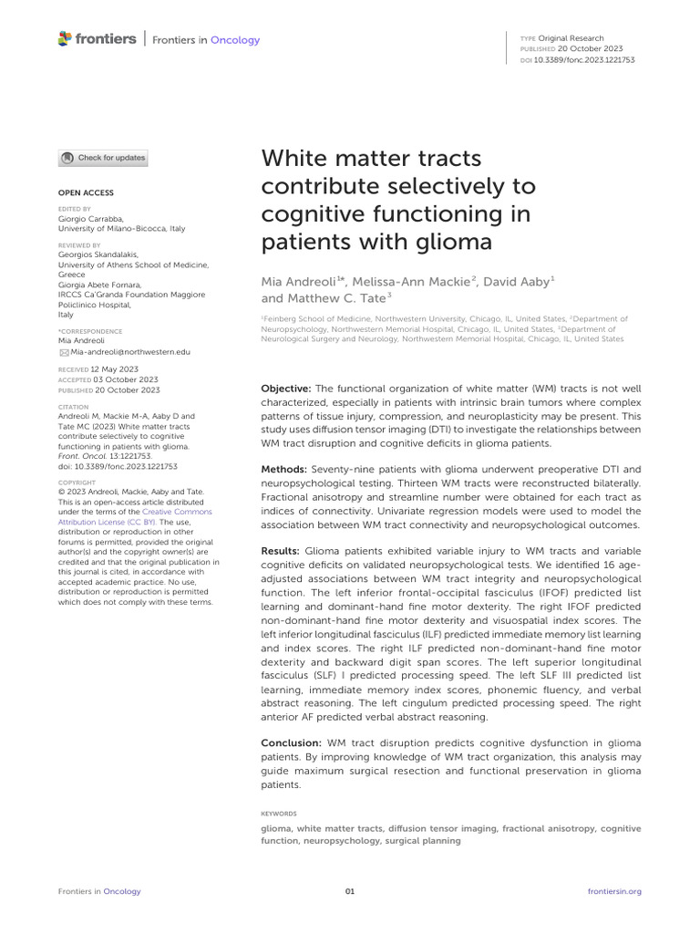 White Matter Tracts and Glioma Cognition | PDF | Statistics | Frontal Lobe