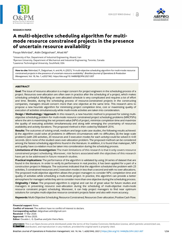 2020 A Multi-Objective Scheduling Algorithm For Multi-Mode Resource ...