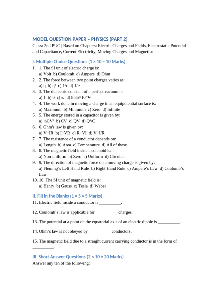 Physics Model Question Paper - 2nd PUC | PDF | Magnetic Field | Capacitor