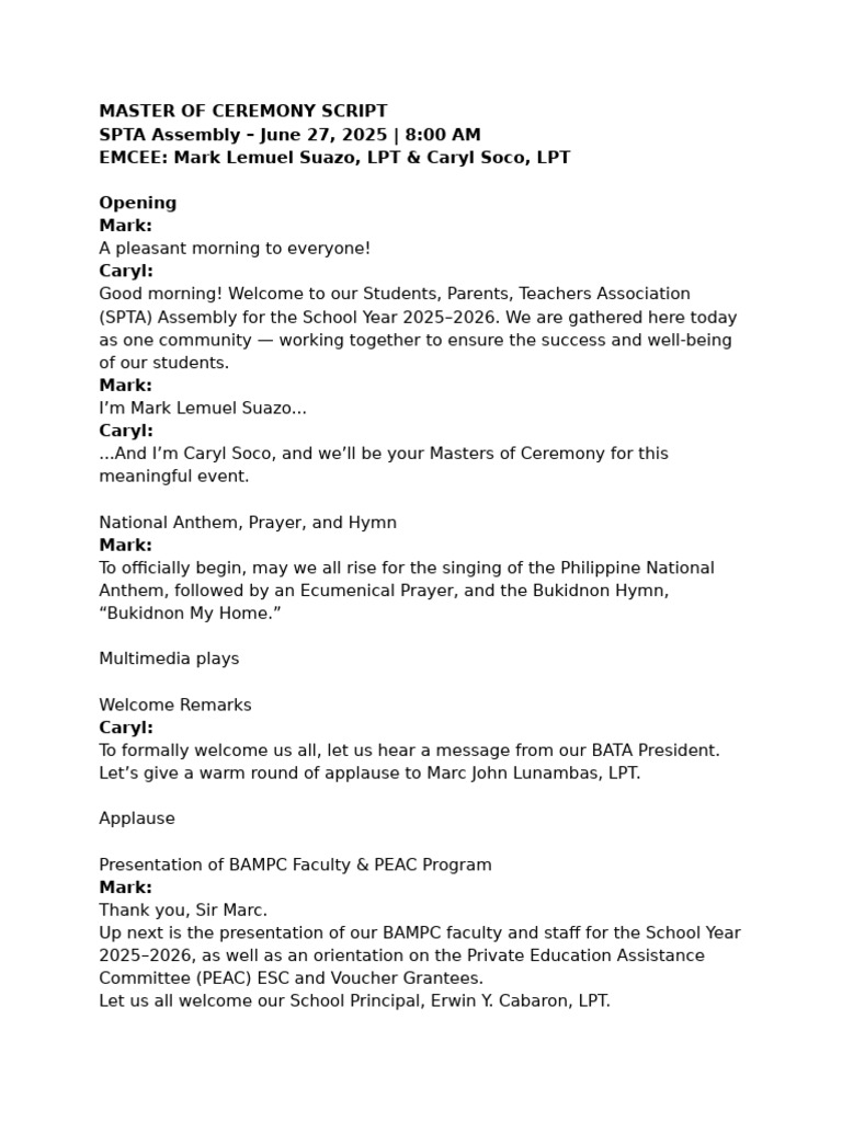 Master of Ceremony Script | PDF