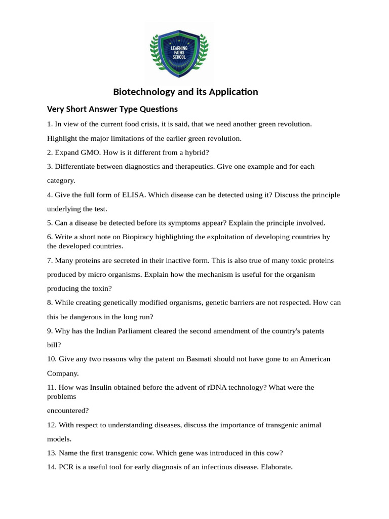 Question Bank Including HOT's-Biotechnology and Its Application | PDF ...