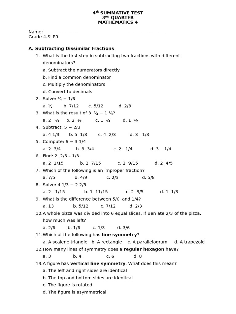 4th Grade Math Test on Fractions & Symmetry | PDF | Symmetry | Shape