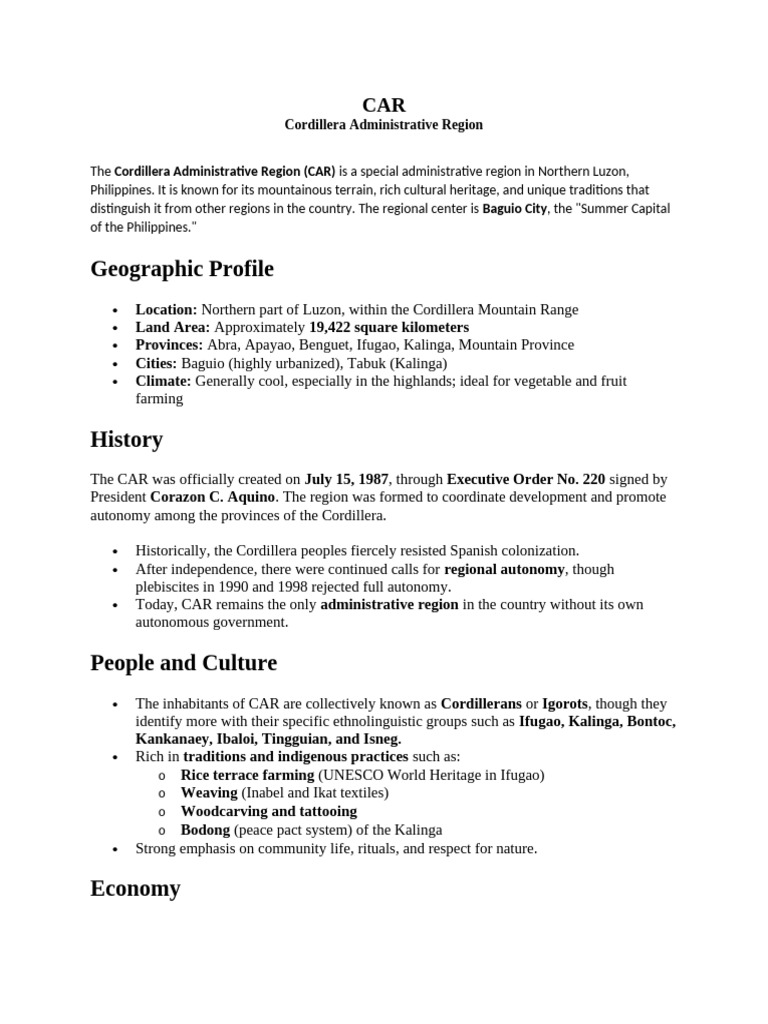 Car Cordillera Region Geography | PDF | Philippines