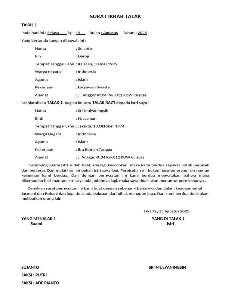 Surat Ikrar Talak Sujanto dan Sri Mulyaningsih | PDF