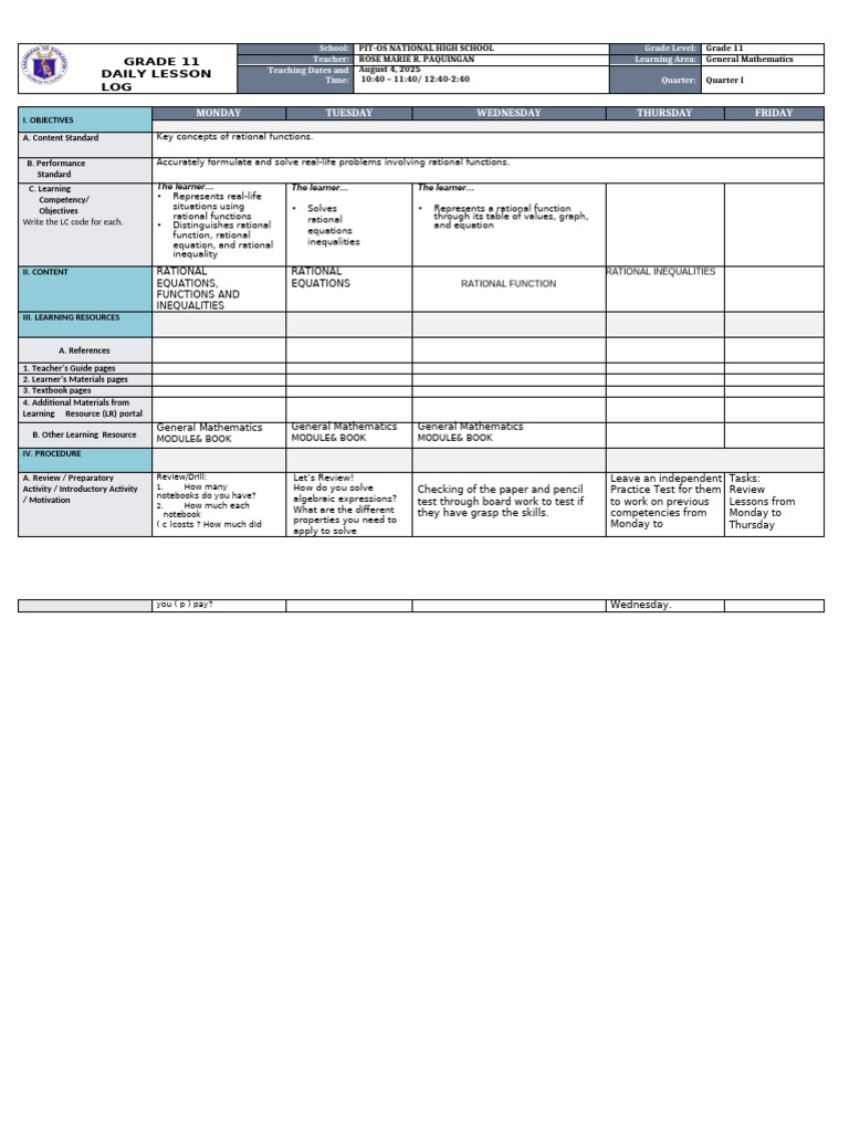 GRADE 11 DAILY LESSON LOG Sample | PDF | Equations | Function (Mathematics)