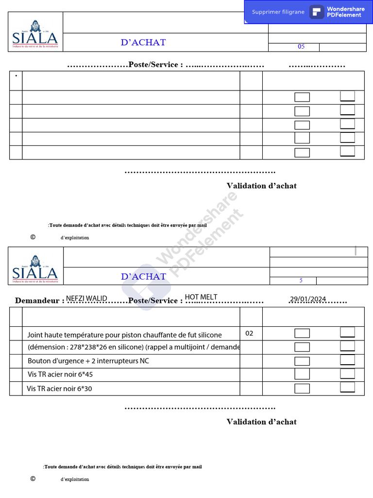 Demande d'Achat Ets Siala Frères | PDF
