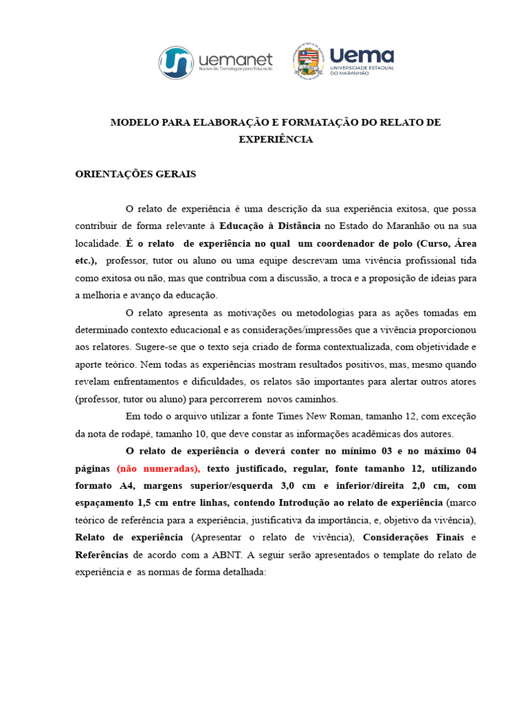 Modelo de Relato de Experiência EAD | PDF | Educação Especial | Citação