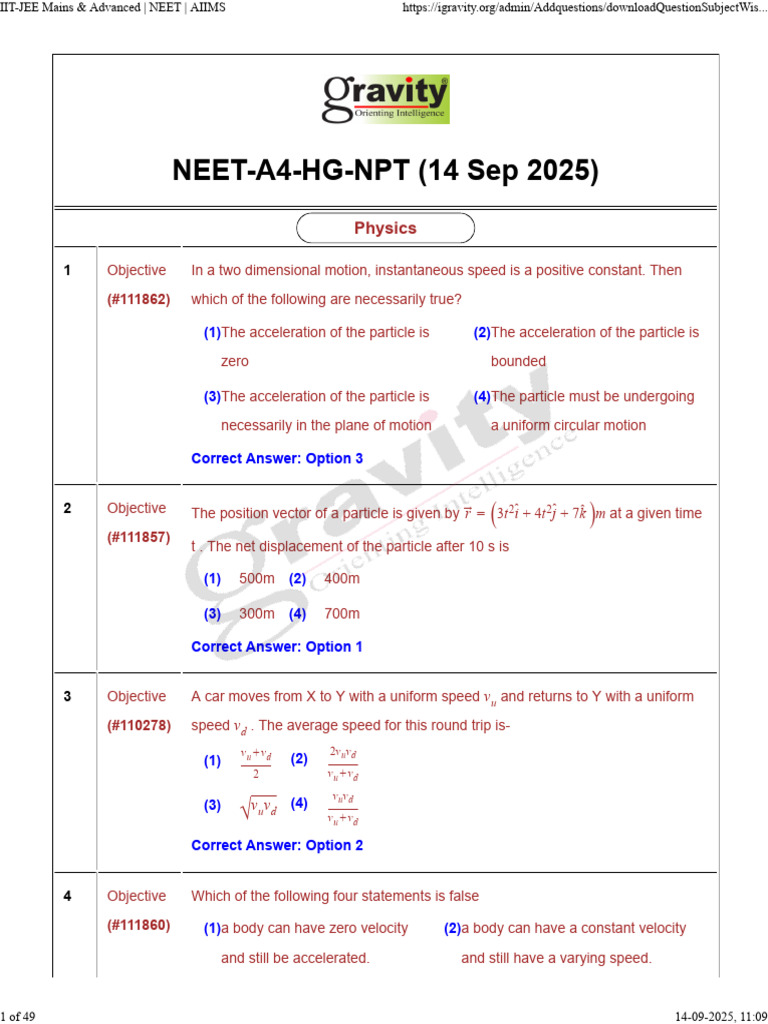 NEET Physics Questions and Solutions | PDF | Acceleration | Force