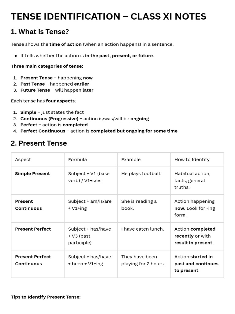 Tense Identification - Class Xi Notes | PDF | Grammatical Tense ...