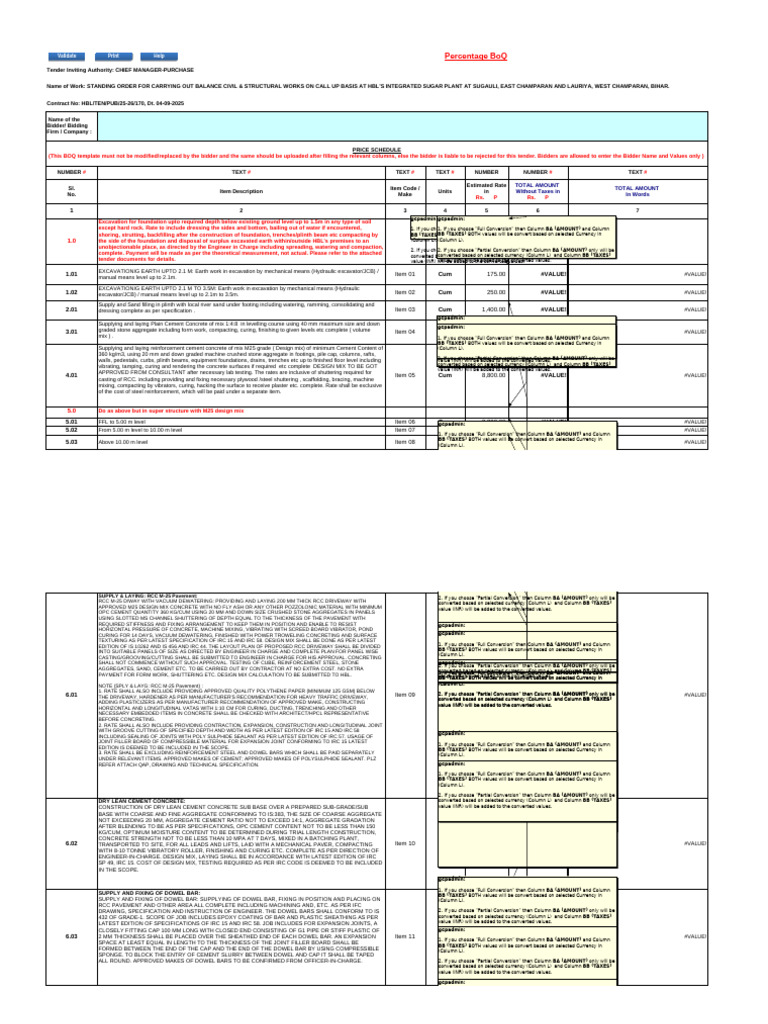 BoQ for Civil Works at HBL Sugar Plant | PDF | Concrete | Construction ...