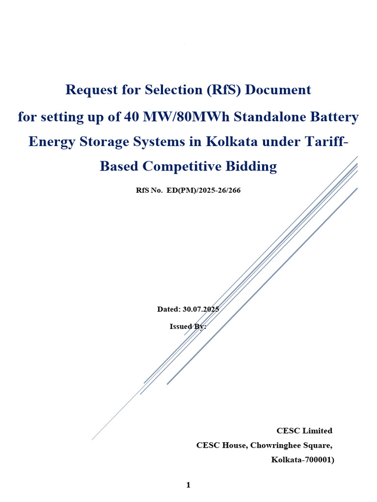 Kolkata 40 MW Battery Storage RfS Document | PDF | Electrical Grid ...