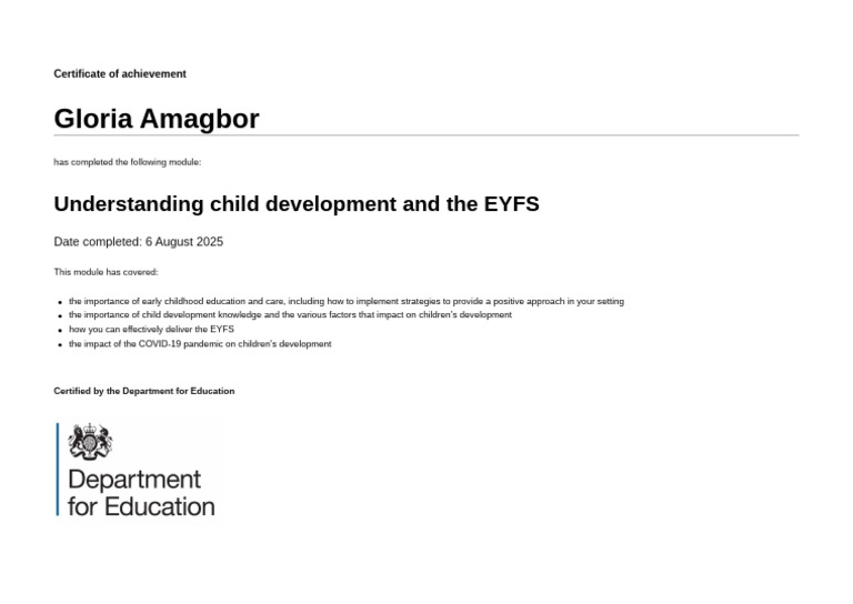Child Development Achievement Certificate | PDF