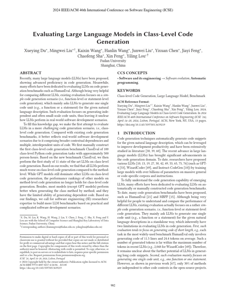 Evaluating Large Language Models in Class Level Code Generation | PDF ...