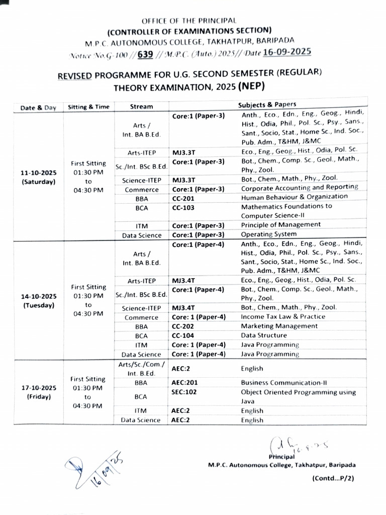 U.G. Second Semester Exam Schedule 2025 | PDF | Science