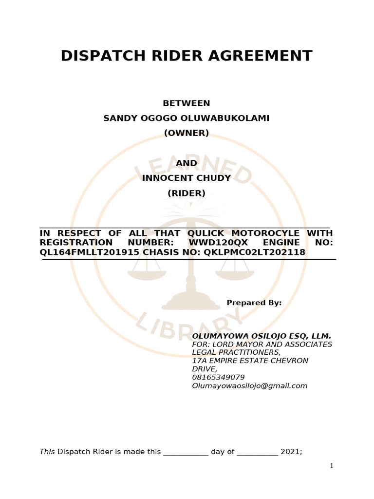 Dispatch Rider Agreement Details | PDF | Indemnity | Arbitration