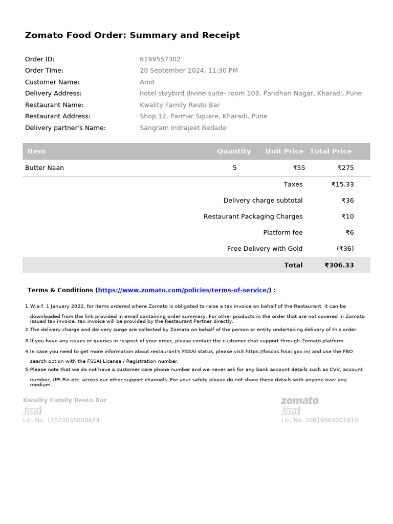 Food Order Summary and Receipt | PDF
