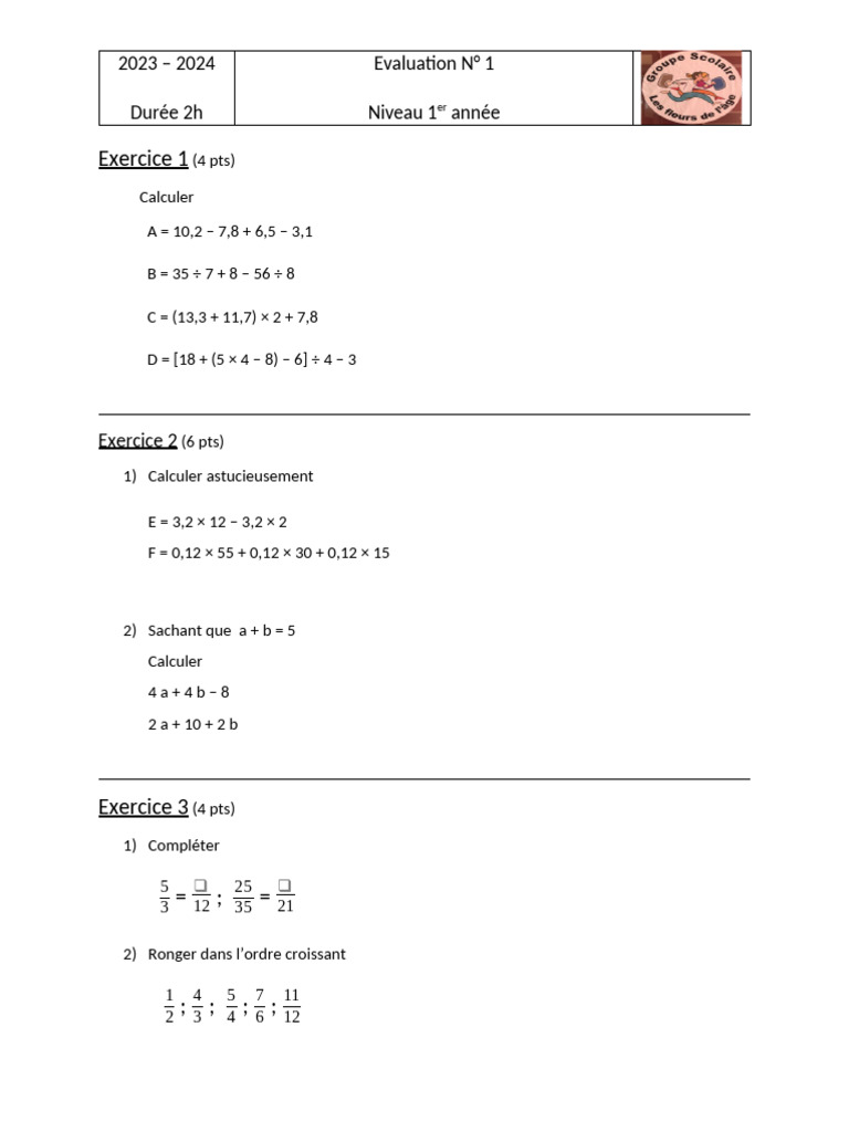 Exercice de mathématiques 1ère année | PDF