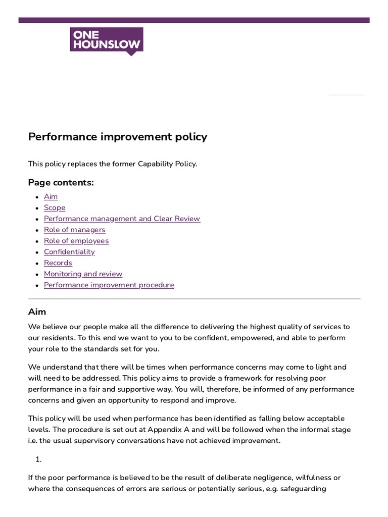 Performance Improvement Policy Guide | PDF | Policy | Performance Appraisal