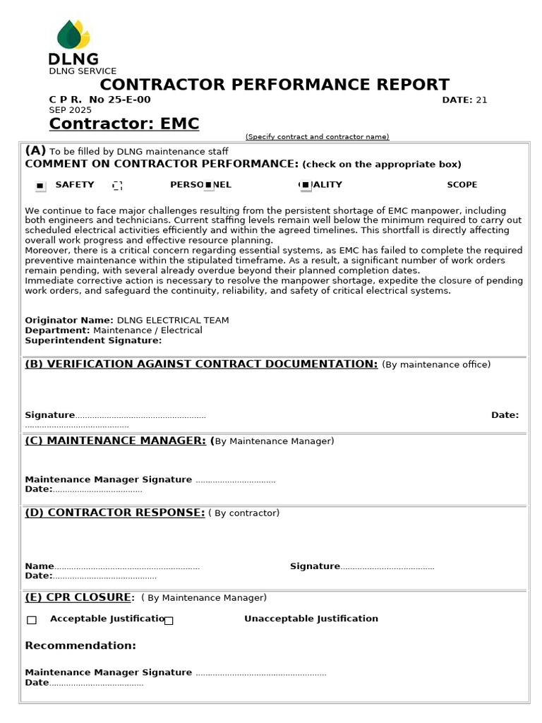 DLNG Contractor Performance Report 2025 | PDF