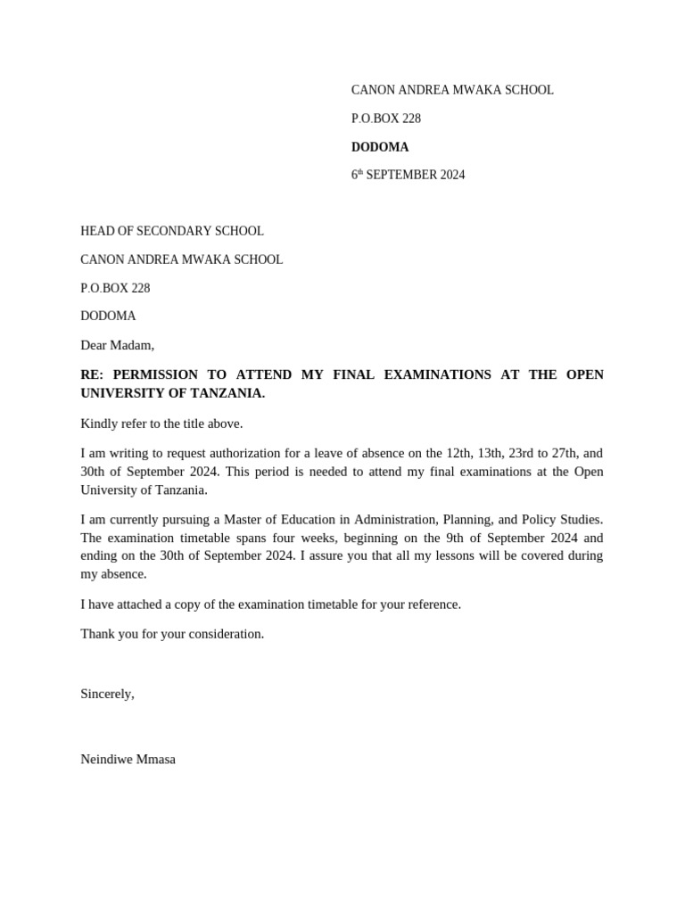 Leave Request for Final Exams 2024 | PDF