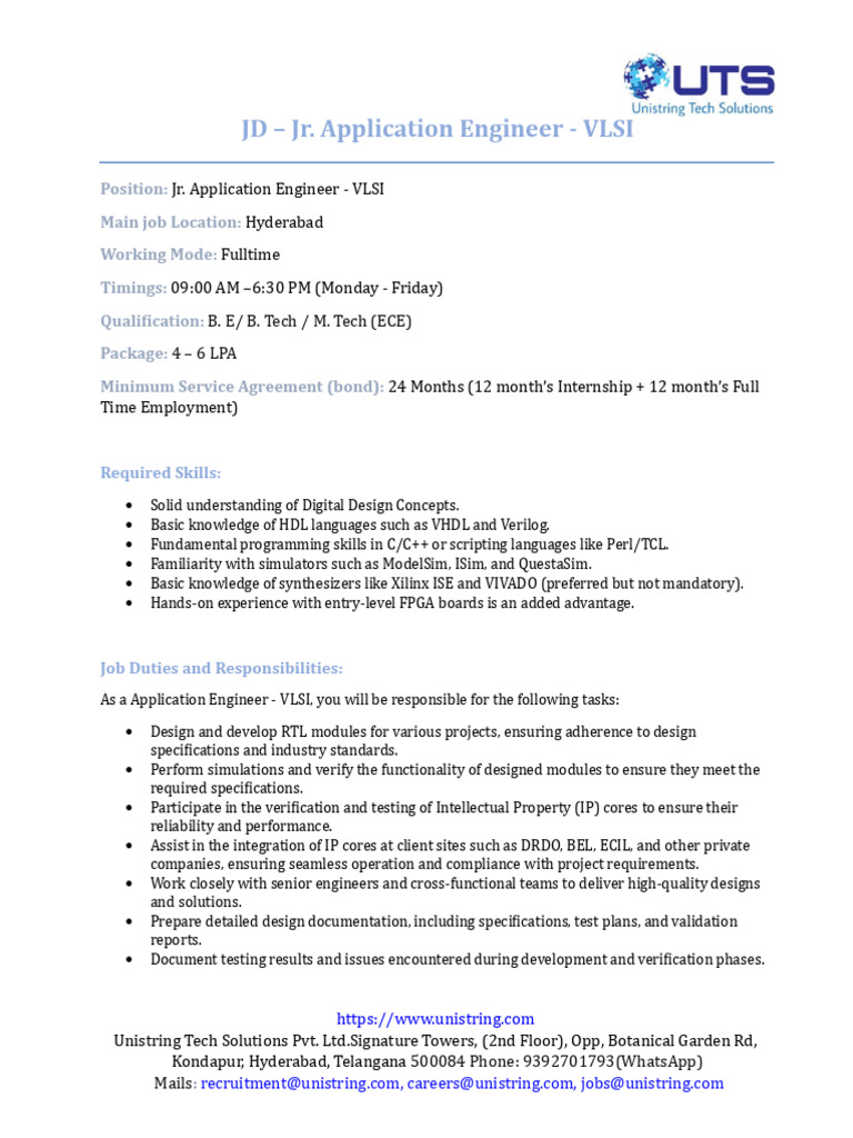 Jr. Application Engineer - VLSI Job in Hyderabad | PDF