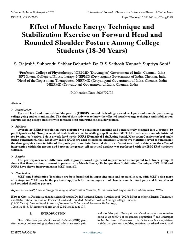 Effect of Muscle Energy Technique and Stabilization Exercise On Forward ...
