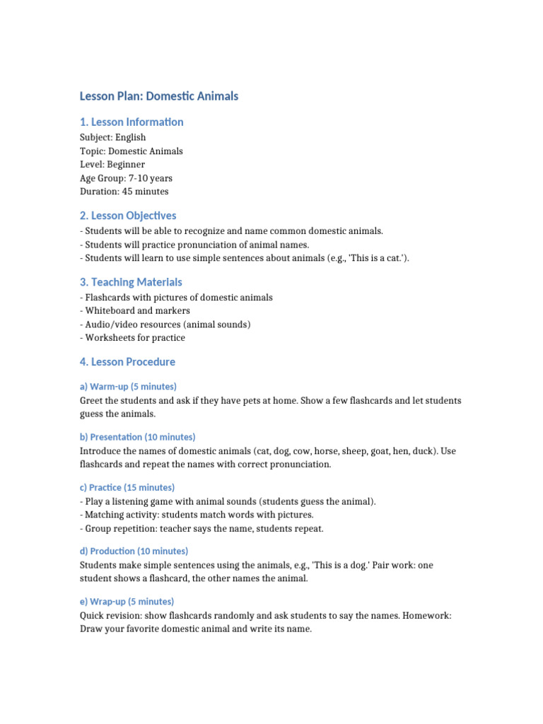 Beginner Lesson Plan: Domestic Animals | PDF