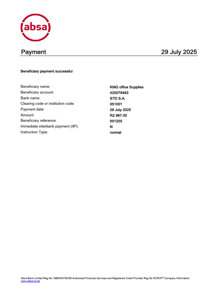 Successful Payment Confirmation - Absa Bank | PDF