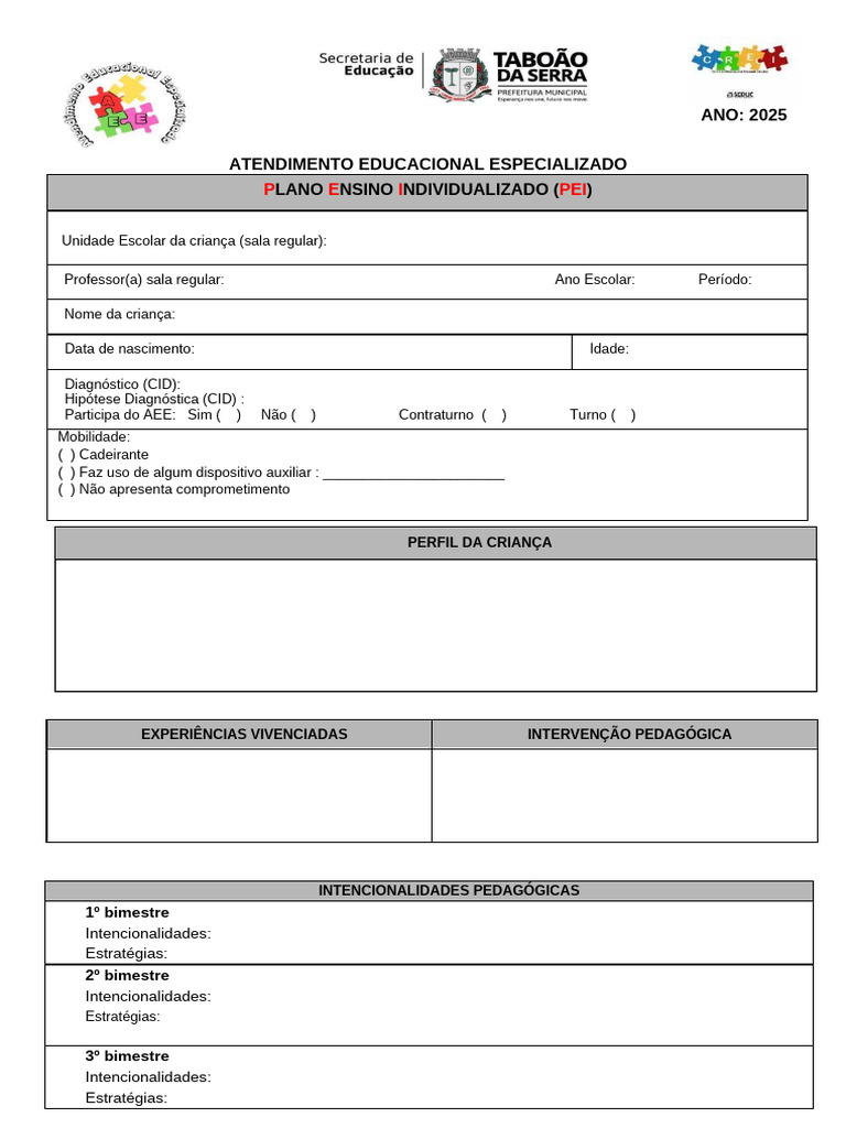 Plano de Ensino Individualizado AEE 2025 | PDF