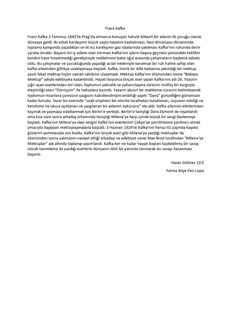 Franz Kafka-Hacer Gülmez Fatma Aliye Fen Lisesi | PDF